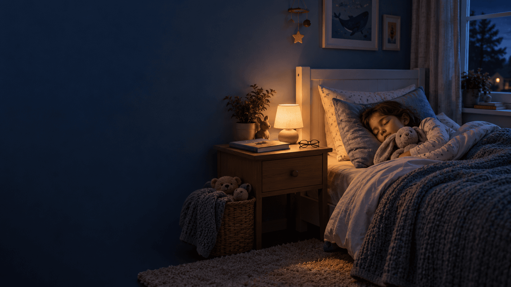 A child sleeps beside a plush toy in a softly lit bedroom, with a warm bedside lamp and deep-blue evening shadows