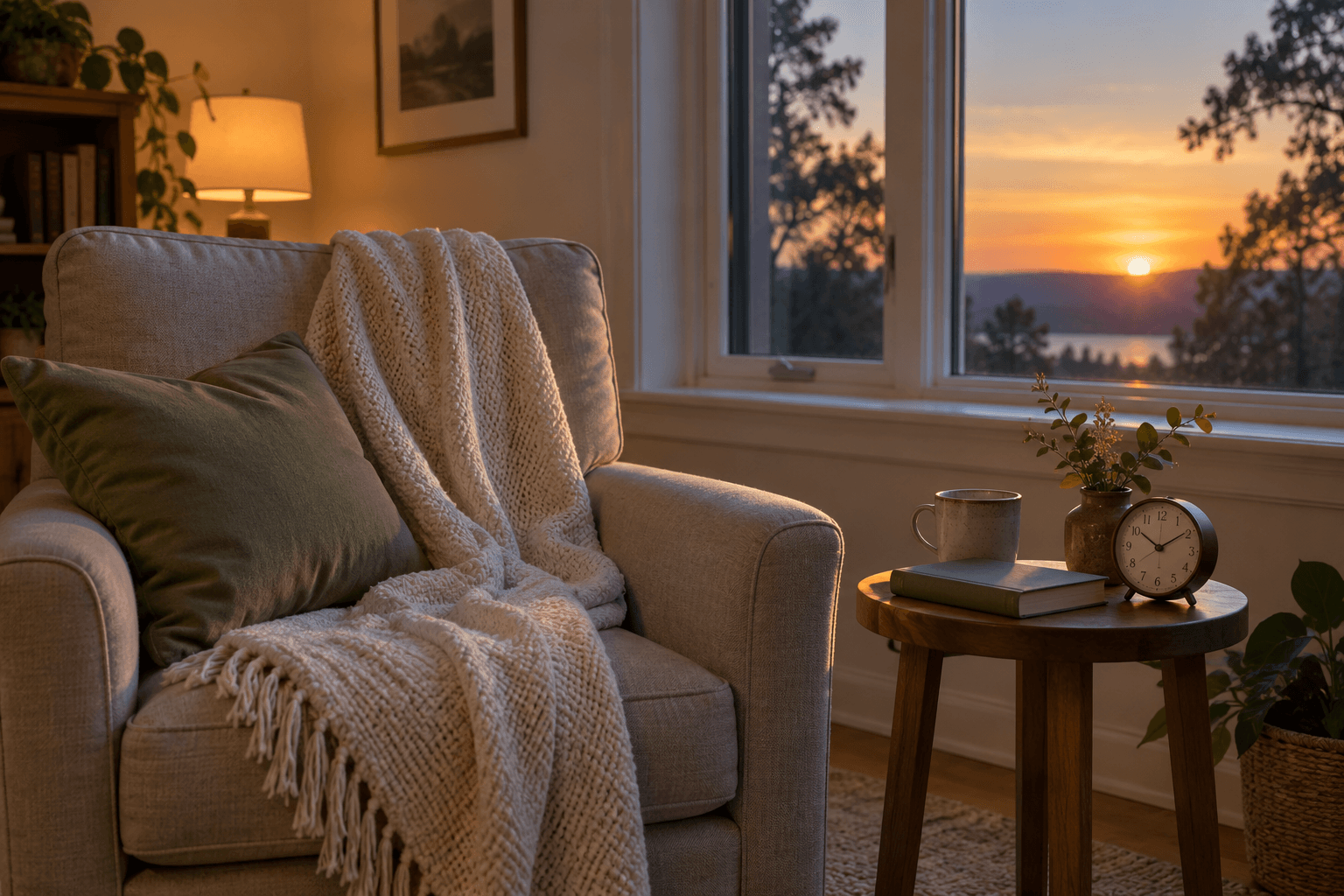 A quiet armchair and folded blanket beside a window at sunset, with a book and clock on a small table