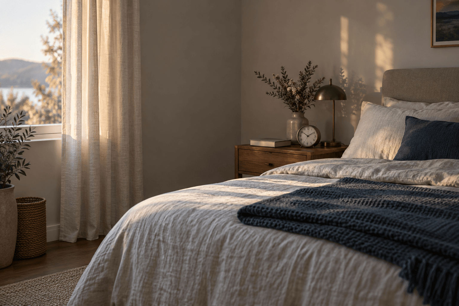 Late afternoon light falls across a calm bedroom, with a folded blanket and bedside clock