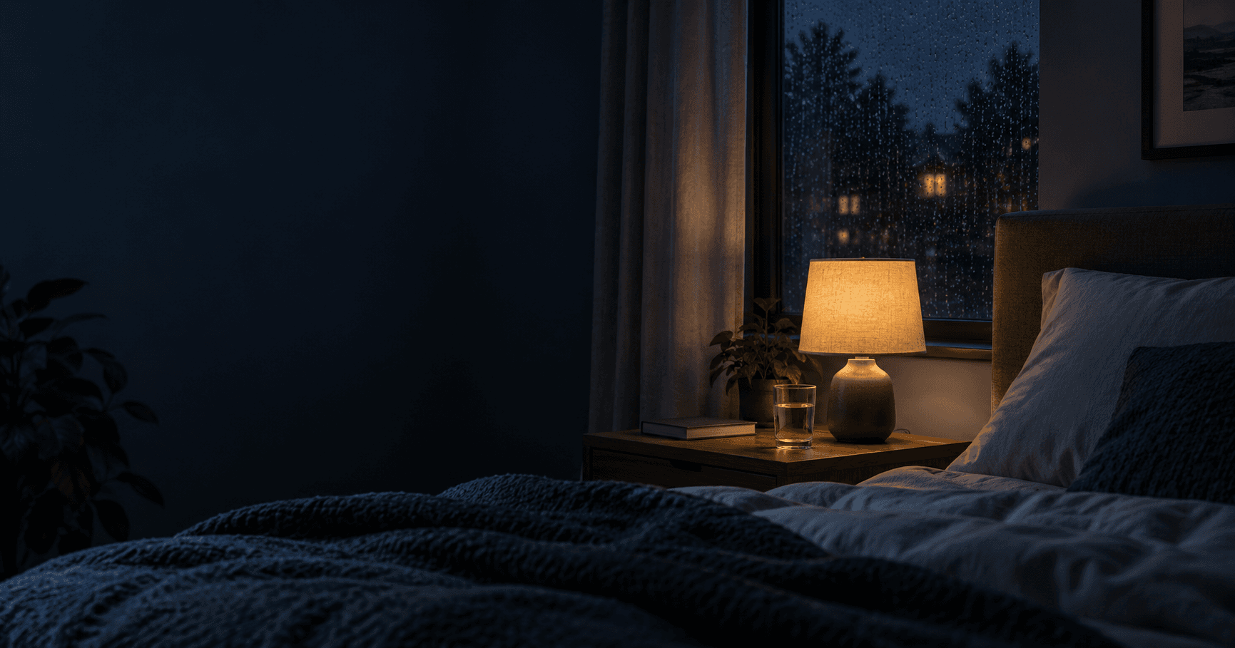 A calm bedroom at night with rain on the window, a warm bedside lamp, and a closed book