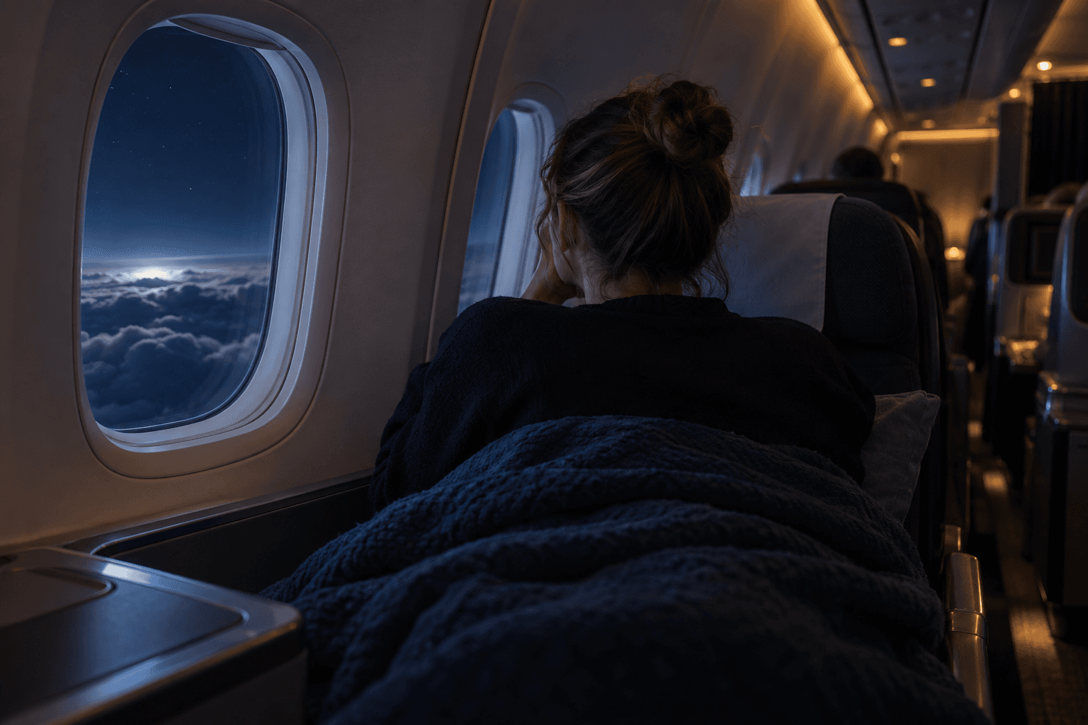 A traveler resting by an airplane window in a softly lit cabin at night
