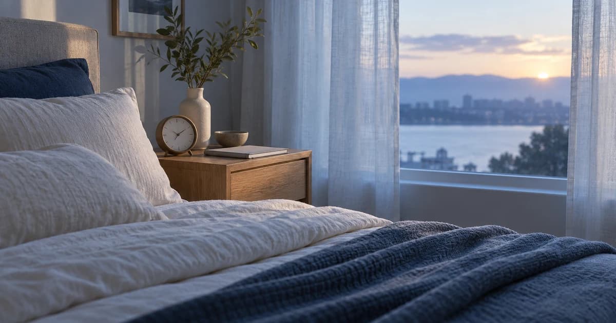 A quiet bedroom at dawn with soft morning light, a made bed, and an analog clock on the bedside table